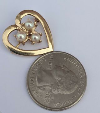 Vintage 14k Solid Yellow Gold,  Pearls Heart Shaped Brooch Pin Pendant,  3.  4 Grams