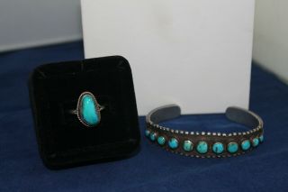 Old Pawn Vintage Turquoise Navajo Sterling Silver Cuff Bracelet And Ring