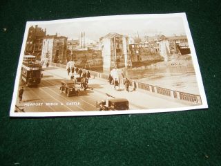 Vintage Postcard Newport Bridge Castle Monmouthshire Tram Adverts Cars Cart Rp
