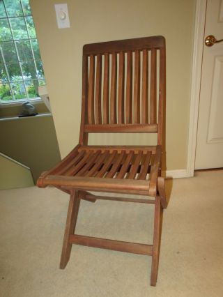 Vintage Solid Teak Wooden Folding Chair With Slat Seat & Back & Brass Hardware