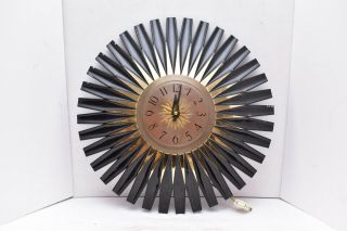Vintage Mid Century Modern Telechron Starburst Wall Clock Sunburst Black Gold