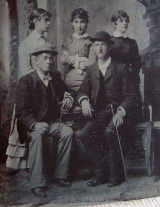 Tintype Photo Of 2 Handsome Dapper Young Men Posing With 3 Lovely Young Women