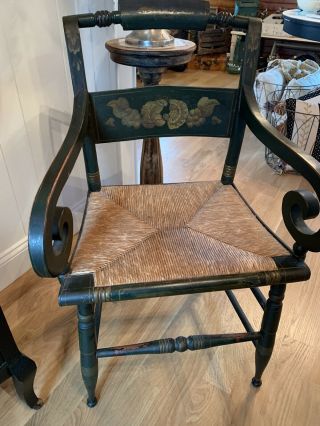 Vintage Hitchcock Arm Chair,  Rush Seat,  Dark Green Stenciled