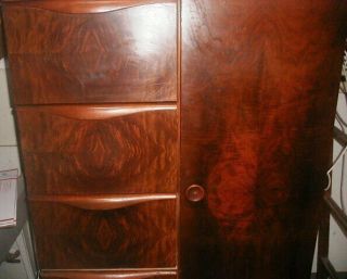 Antique 1930s Art Deco Burl Walnut Cedar Closet Wardrobe Streamline W 5 Drawers