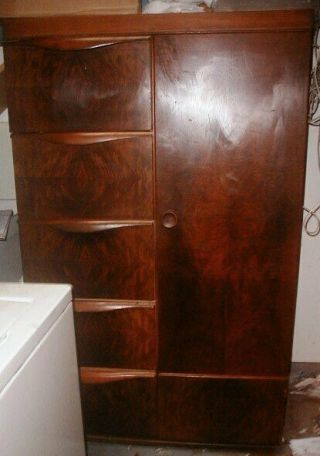 Antique 1930s Art Deco Burl Walnut Cedar Closet Wardrobe Streamline w 5 Drawers 3