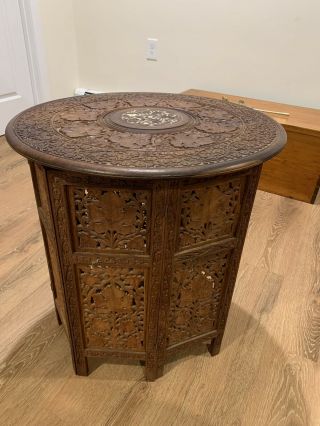Antique/vintage Set Of 2 Teak Octagon Folding Table Inlaid Carved Anglo - Indian