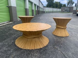 Mid Century Modern Mcguire Round Bamboo Sheaf Of Wheat Coffee And 2 End Tables