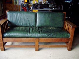 Antique Mission Arts And Crafts Oak Settee Green Leather Cushions 6 Ft 3 Inch