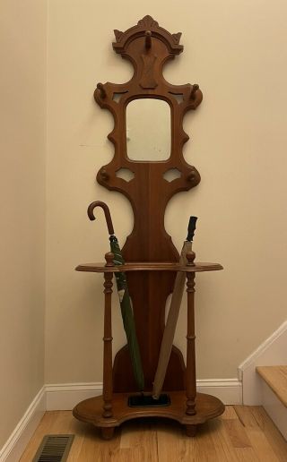 Vintage Antique Coat Stand With Umbrella Holder And Mirror