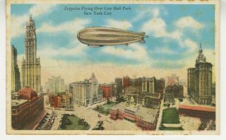 Ny Postcard Zeppelin Flying Over City Hall Park - York City C1925 Vtg D4