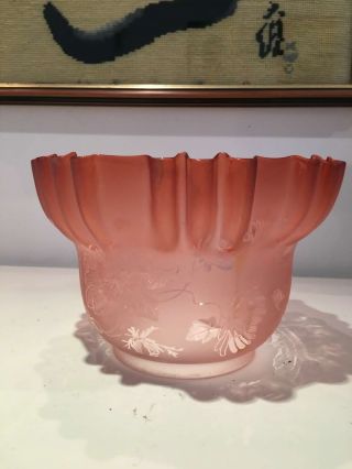 A Cranberry Pleated Top Oil Lamp Shade Etched