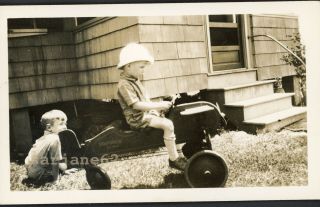 Boys With Their Peddle Car Airplane Vintage Snapshot Photo