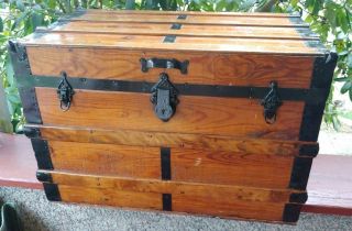 Antique Wood Flat Top Steamer Trunk Restored 30 " Storage Chest Table