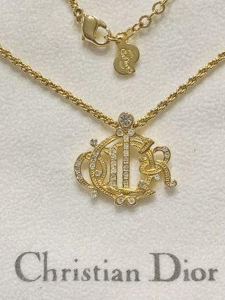 Vintage Christian Dior Gold Plated Logo Crystal Necklace And Christian Pouch