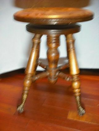 Antique Adjustable Victorian Piano Stool With Glass Ball & Brass Claw Feet