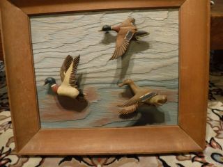 Antique Carved /painted 3 Flying Ducks Folk Art Duck Decoy Diorama