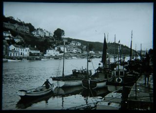 Vintage Magic Lantern Slide - Looe Cornwall River Boats Houses Great Image