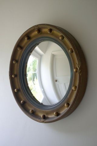 Vintage Regency Style Butlers Convex Wall Mirror Round Gilt & Ball Frame