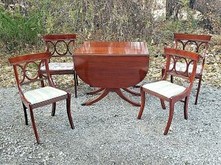 Duncan Phyfe Vintage Mahogany Double Drop Leaf Table & Ornate Chairs