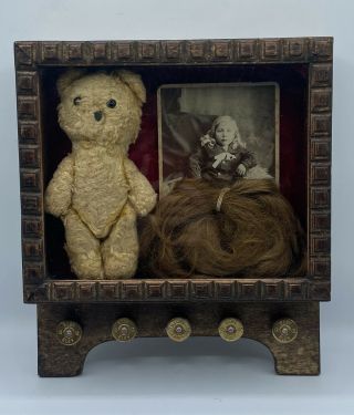Antique Curio Cabinet Memento Mori Mourning Set: Photos,  Hair In A Bow & Teddy