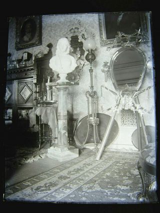 Antique Glass Plate Photograph Negative - Victorian Bust,  Mirror & Floor Oil Lamp