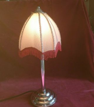 Art Deco Table Lamp,  Chrome Base With Parchment Type Shade,  Dark Red Tassles 17 "