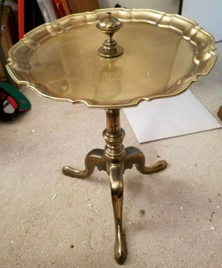 Vintage Mcm Solid Brass End Table 21 " Tall 16 " Diameter Scalloped Tray Edge