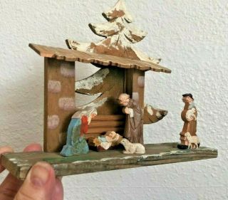 Vtg Anri Italy Hand Carved Wood Nativity Creche 5 Figure Set Tree Shed 8 " Wooden