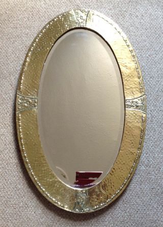 Antique Art & Crafts Hammered Brass Framed,  Bevelled Edge Mirror
