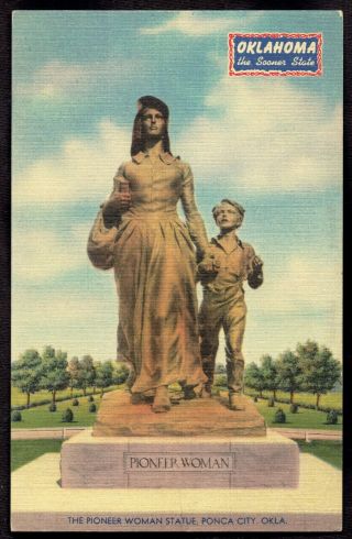 Oklahoma,  Ponca City Pioneer Woman Statue Monument Vintage Linen Postcard
