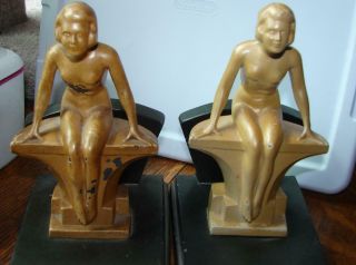 Vintage Nuart Art Deco Nude Lady Sitting On Shelf Painted Bookends
