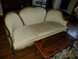 Victorian Carved Mahogany Frame Sofa Couch Curved Back Beige Upholster 3 Cushion