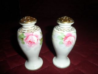 Antique Vintage Porcelain Floral Salt/pepper Shakers Handpainted Pink/gold/green