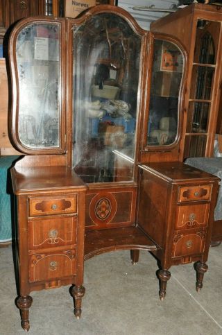 Antique 6 Drawer Makeup Vanity Dresser On Wheels With Detachable Trifold Mirror