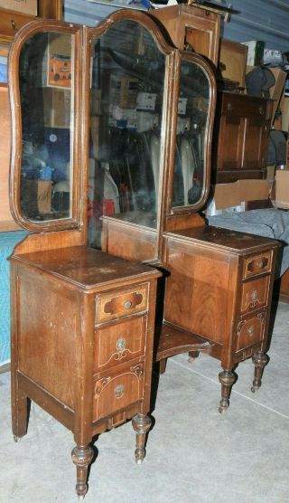 Antique 6 Drawer Makeup Vanity Dresser On Wheels With Detachable Trifold Mirror 2