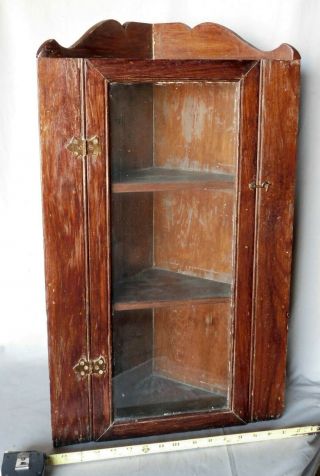 Antique Hanging Corner Cupboard Cabinet 19th C.  Glass Door Brass Pine Victorian