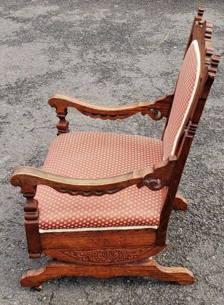 Antique 19th C American Platform Victorian Carved Oak Rocking Arm Club Chair