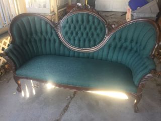 Vintage Victorian Style Carved Settee With Tufted Curved Back