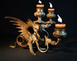 Rare 19th C Sculptured Bronze Brass Three Headed Dragon Candelabra Candle Stick