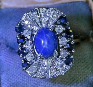 Vintage Palladium Art Deco Linde Blue Star Sapphire Diamond Ring Unusual Design