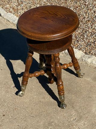 Vintage Oak Piano Stool / Vanity Chair W Glass Ball & Claw Feet /