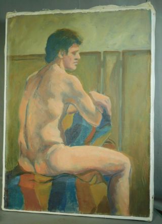 Vintage 1987 Oil Painting Study Nude Male Handsome Young Man Rear And Profile