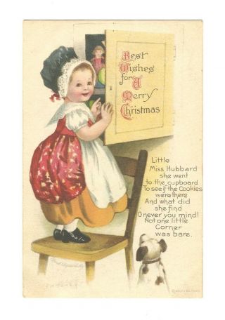 Vintage Antique 1918 Postcard Christmas Greeting Card Little Miss Hubbard Poem