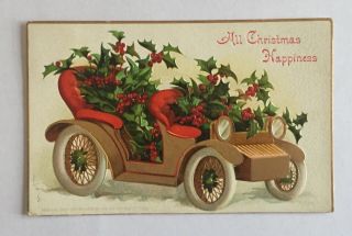 Vintage Embossed Christmas Postcard Antique Car Holly
