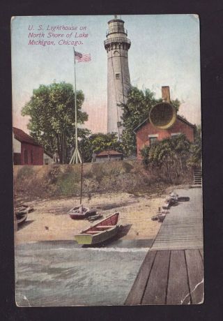 Old Vintage Postcard Of Us Lighthouse North Shore Of Lake Michigan Chicago Il