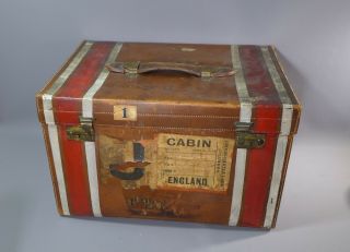 Fine Antique Leather Travelling Trunk Luggage With Labels