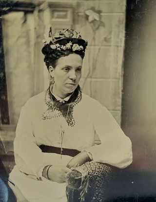 Civil War Era Young Lady Fancy Dress & Hat Tintype Photo Unmounted
