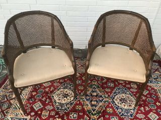 Faux Bamboo Barrel Cane Club Lounge Chairs Hollywood Regency