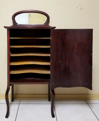 Antique Mahogany Sheet Music Storage Cabinet W/ Beveled Mirror Top By Larkin Co.