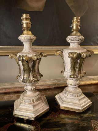 Vintage Painted And Gilt Decorated Carved Wood Urn Table Lamps